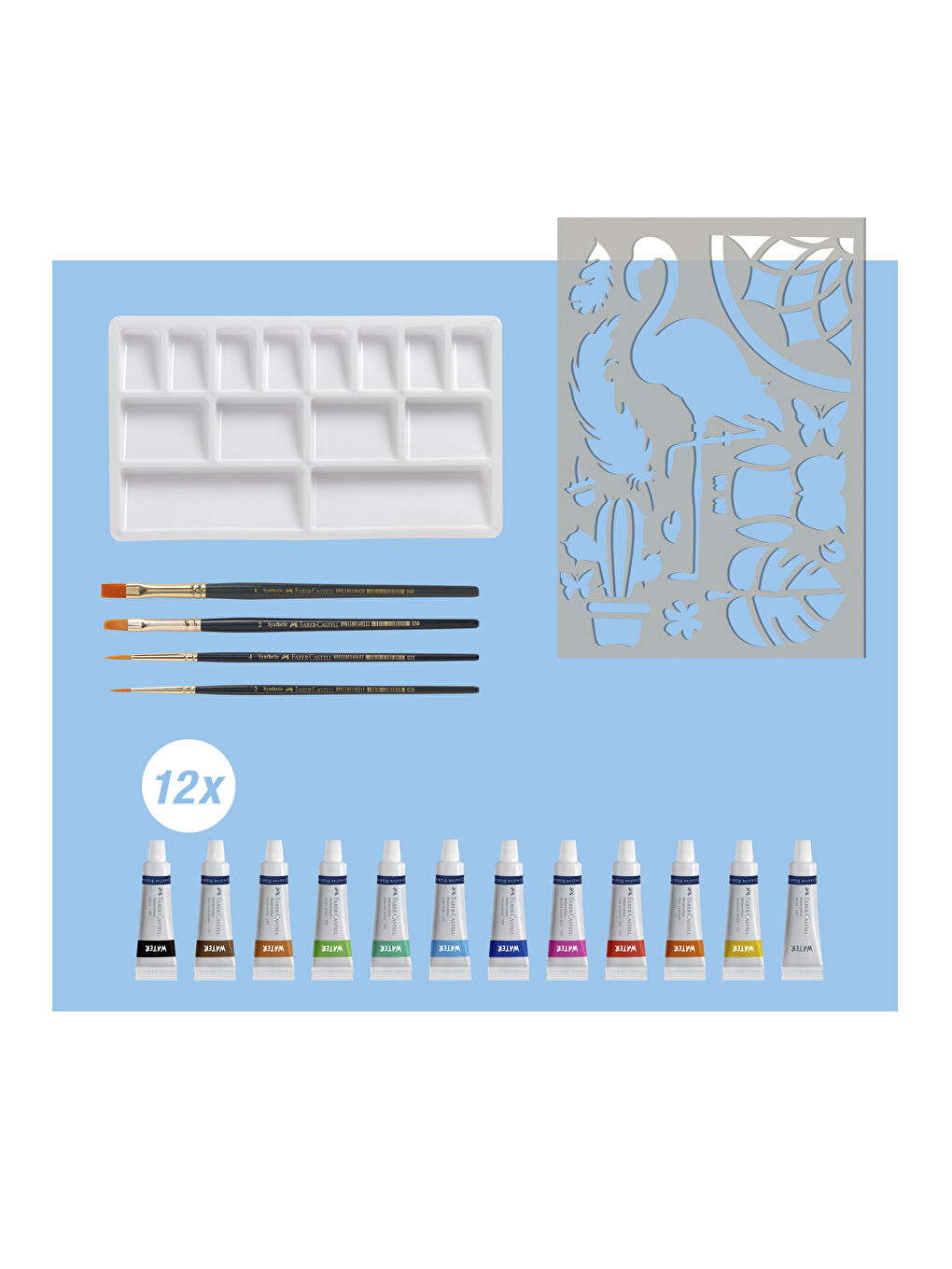 Suluboya Boyama Seti 18 Parça,Sulu Boya Tüpü,Sulu Boya Fırçası, Karıştırma Paleti ve Çizim Şablonu-2