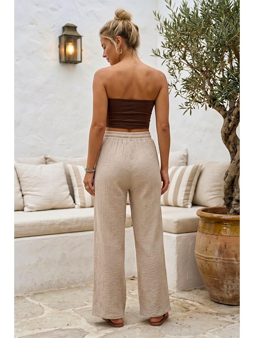 Bej Cepli Lastikli Ve Bağlamalı Bel Geniş Paça Casual Müslin Dokuma Pantolon 96 60-4
