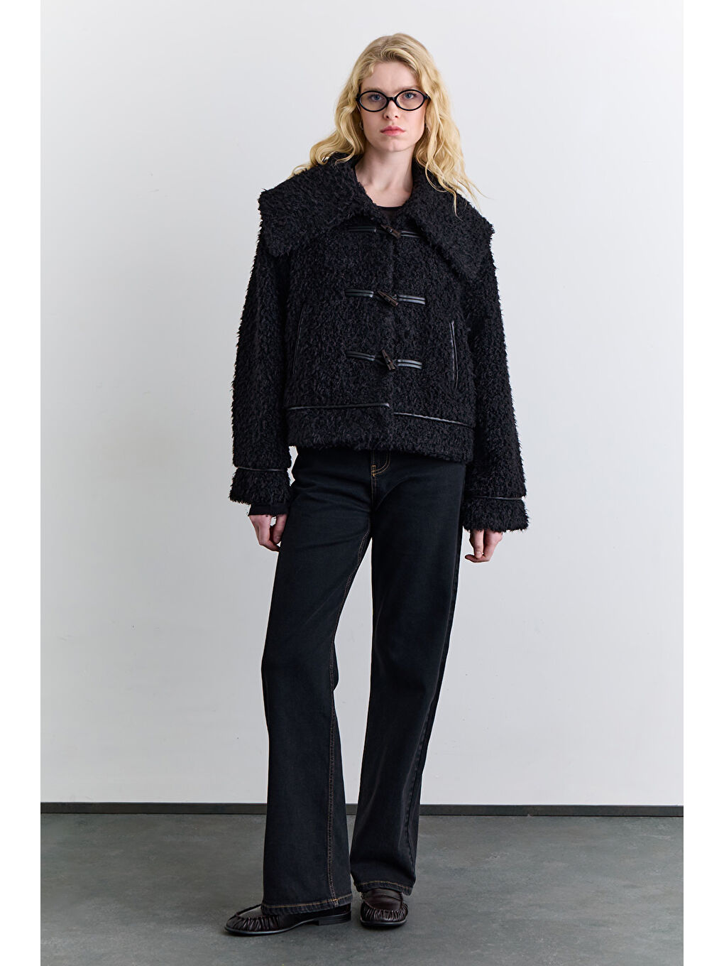 Düğmeli Kürk Kaban Siyah-2