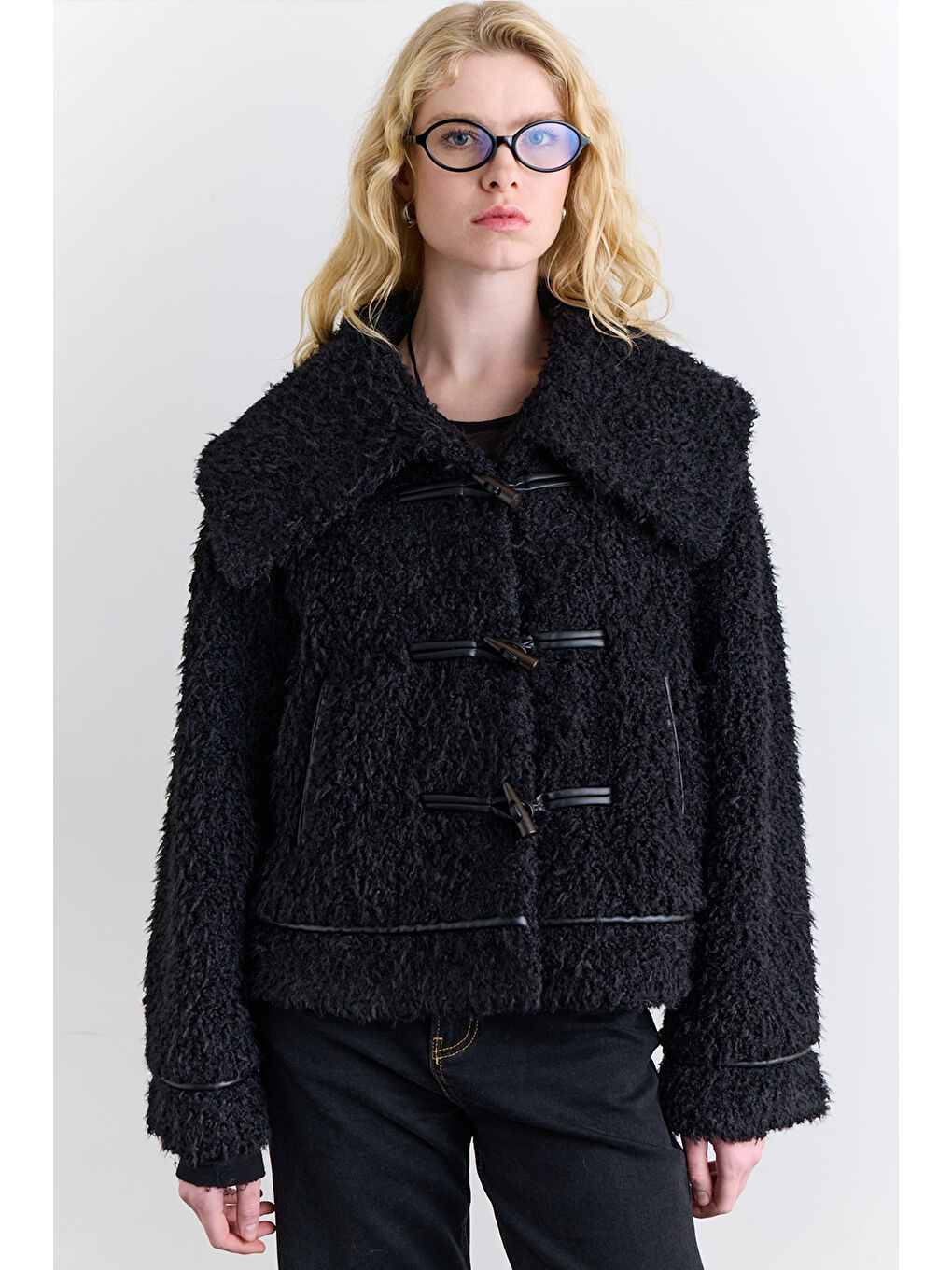 Düğmeli Kürk Kaban Siyah-3