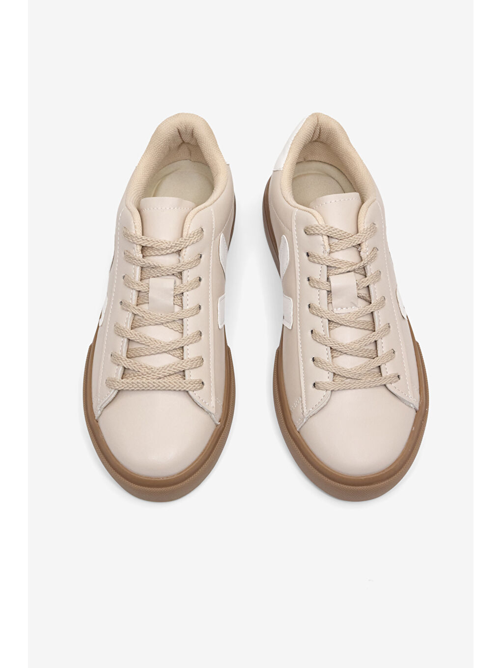 Kadın Bej Beyaz Kauçuk Taban Rahat Bağcıklı Sneaker-2