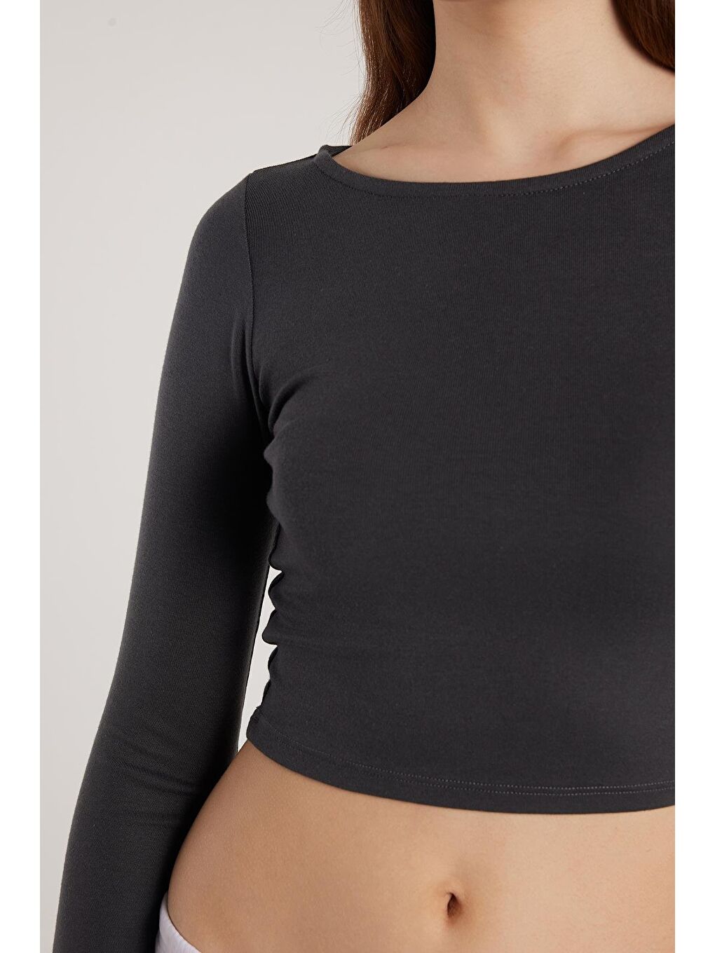 Kadın Slim Fit Dar Kesim Modal Kumaş Uzun Kollu Bisiklet Yaka Antrasit Bluz-1