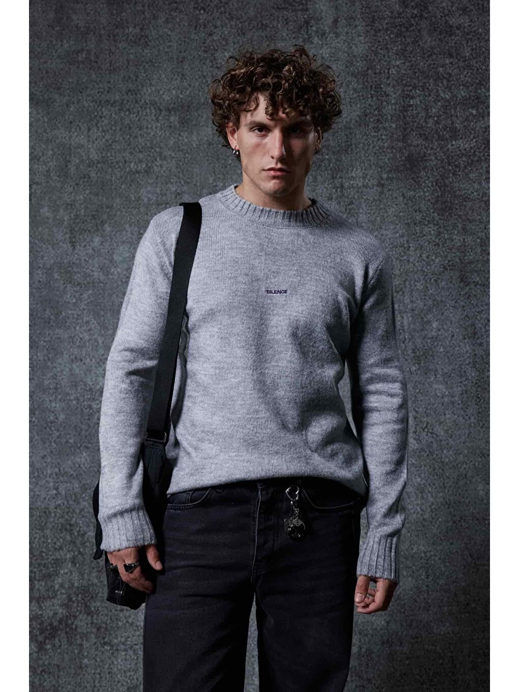 Erkek Regular Fit Bisiklet Yaka Kazak Gri-1