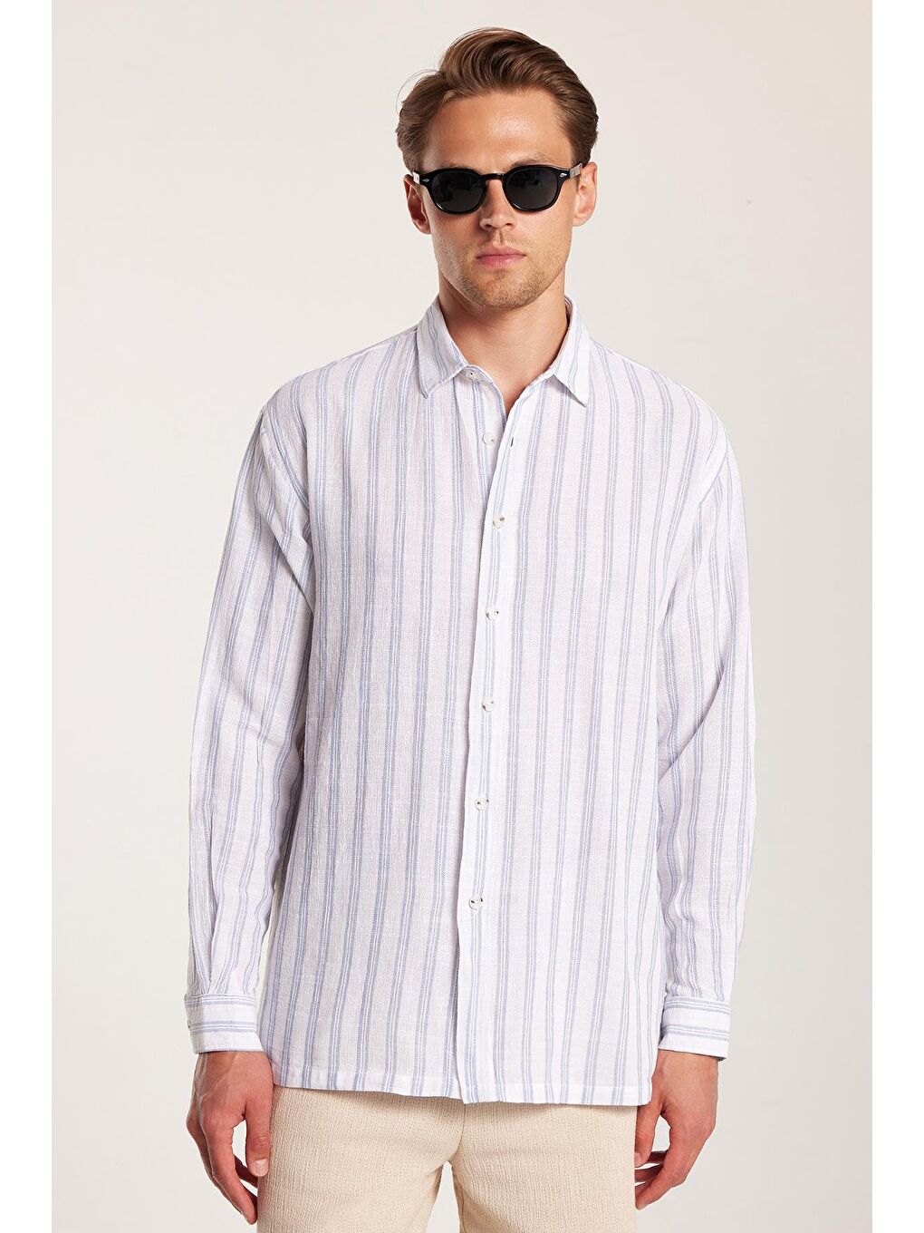 Karışık Relax Fit Oversize Dökümlü Rahat Kesim Çizgili Keten Spor Erkek Gömlek-3