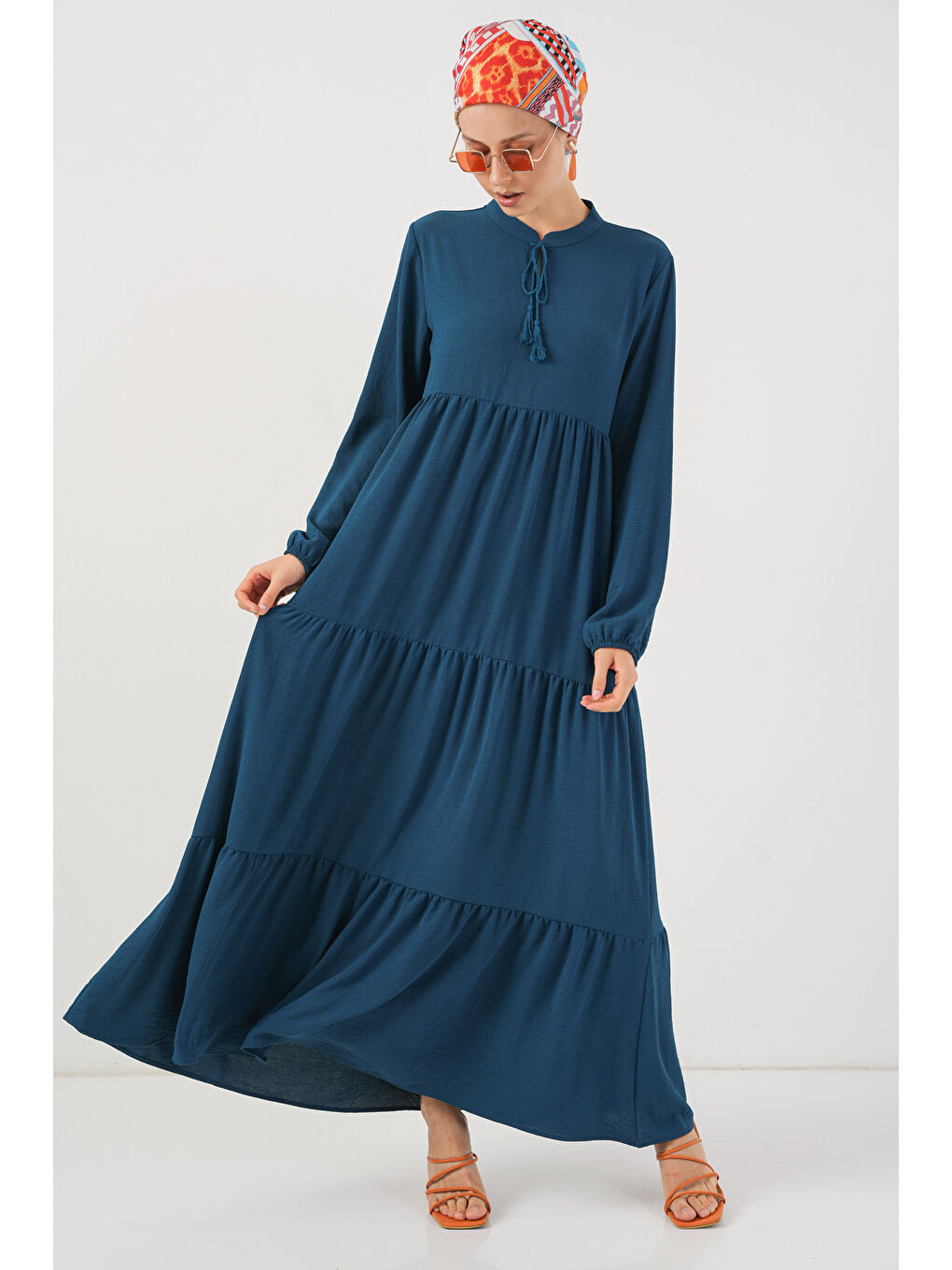 1627 Yaka Bağcıklı Tesettür Elbise - Petrol-2