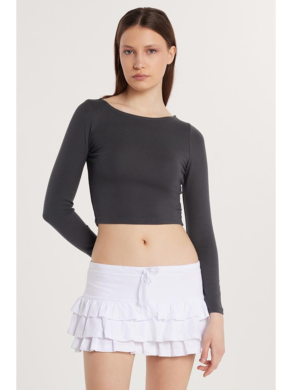 Kadın Slim Fit Dar Kesim Modal Kumaş Uzun Kollu Bisiklet Yaka Antrasit Bluz-2