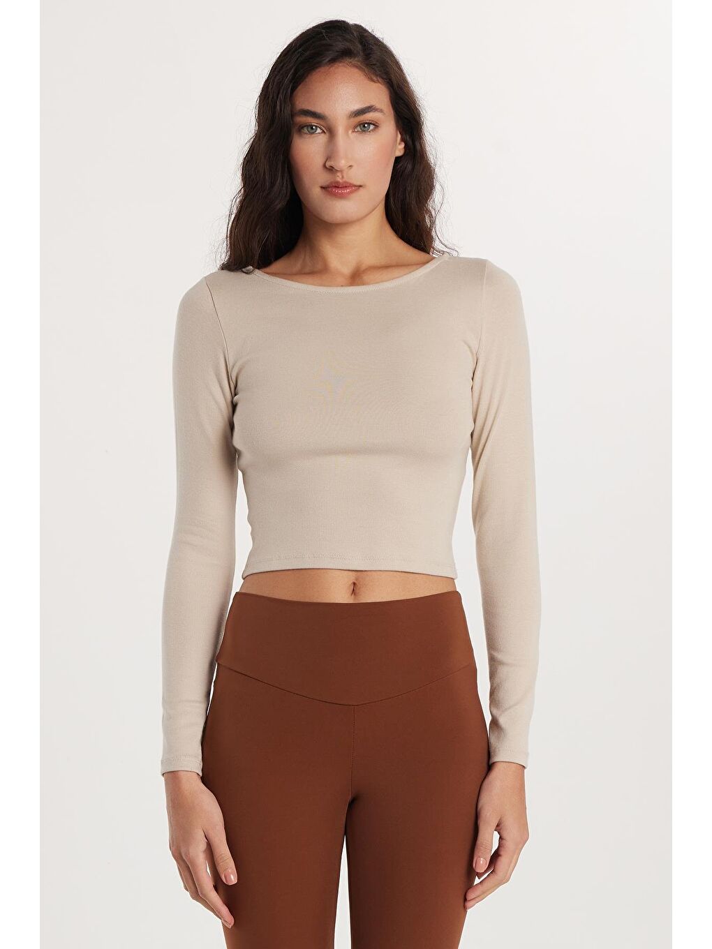 Bej Kadın Slim Fit Dar Kesim Modal Kumaş Uzun Kollu Bisiklet Yaka Taş Rengi Bluz-3