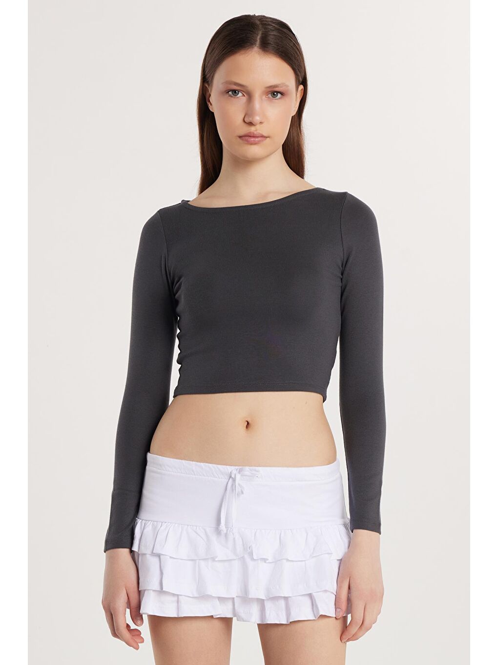 Kadın Slim Fit Dar Kesim Modal Kumaş Uzun Kollu Bisiklet Yaka Antrasit Bluz-3