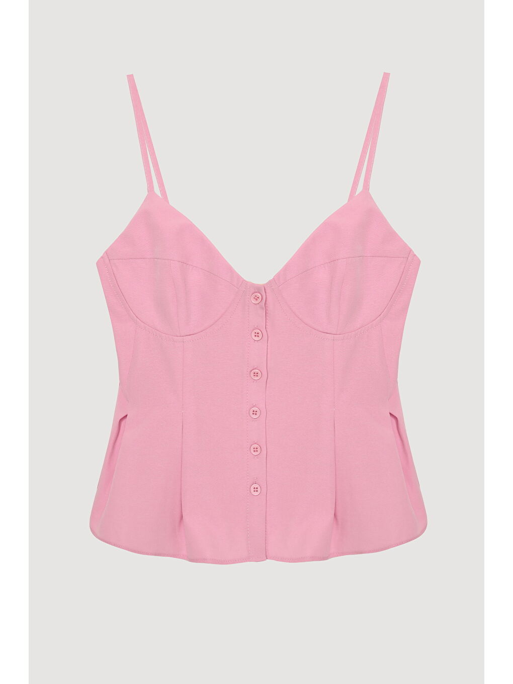 Pile Detaylı Düğmeli İnce Askılı Bluz Pembe-1