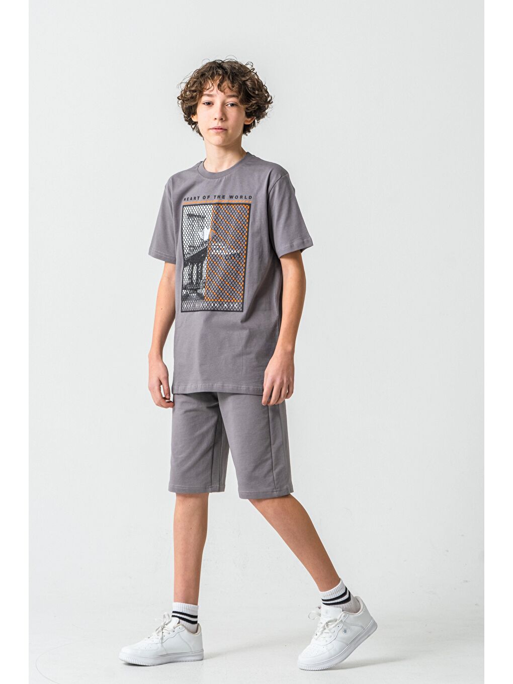 Gri Heart Of The World Baskılı Cep Altı New York Amazing City Baskılı Erkek Çocuk Şort - Tişört Takımı-1