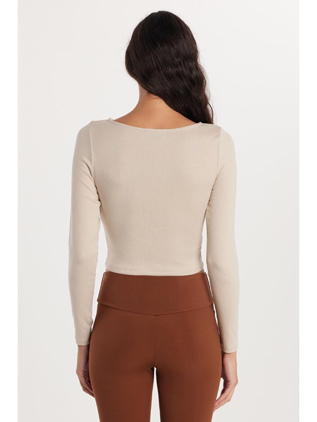 Bej Kadın Slim Fit Dar Kesim Modal Kumaş Uzun Kollu Bisiklet Yaka Taş Rengi Bluz-4