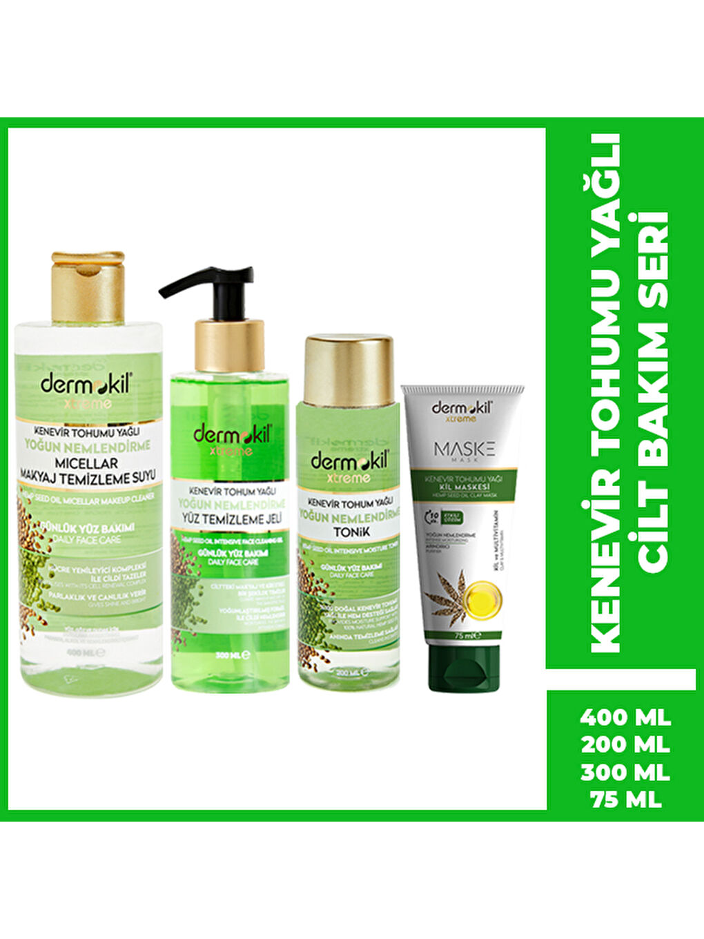 DERMOKIL DERMOKİL Kenevir Maske 75 ml + Kenevir Micellar 300 ml + Kenevir Tonik 200 ml + Kenevir Yüz Temizlem - 1