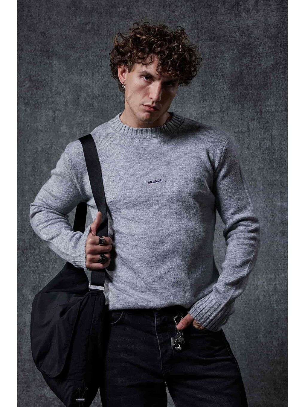 Erkek Regular Fit Bisiklet Yaka Kazak Gri