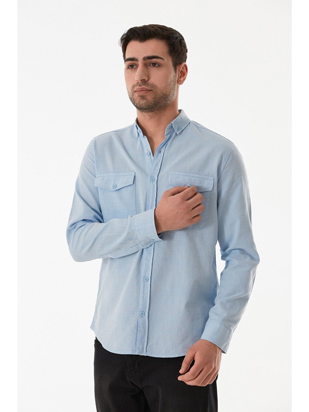 Mavi Çift Cepli Düğmeli Gömlek-1