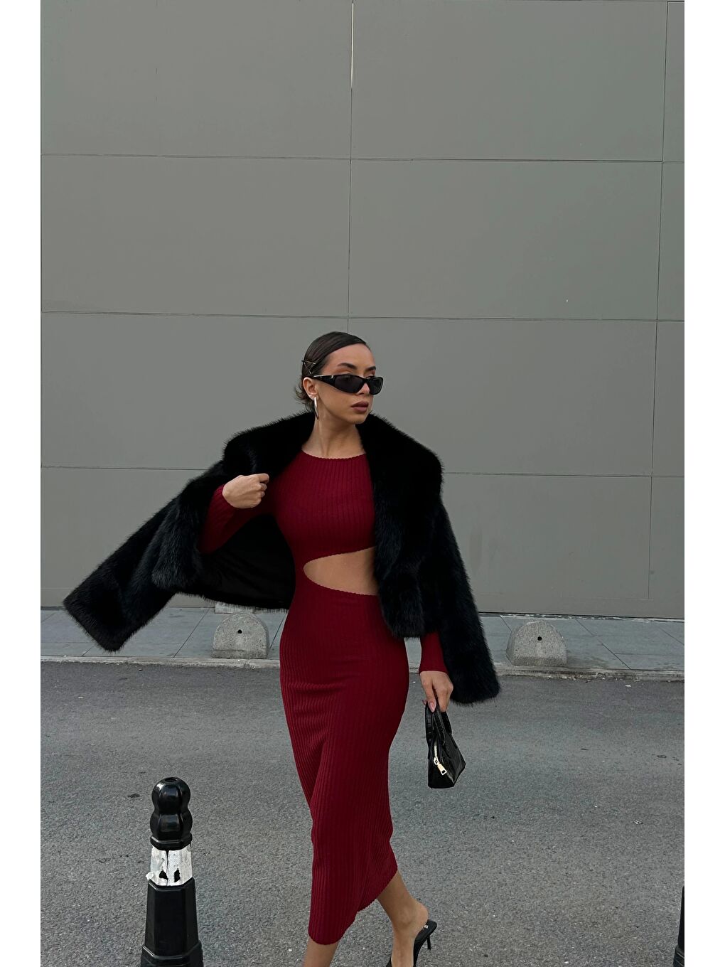 Kadın Bordo Fitilli Dekolte Elbise 0999-9218-3