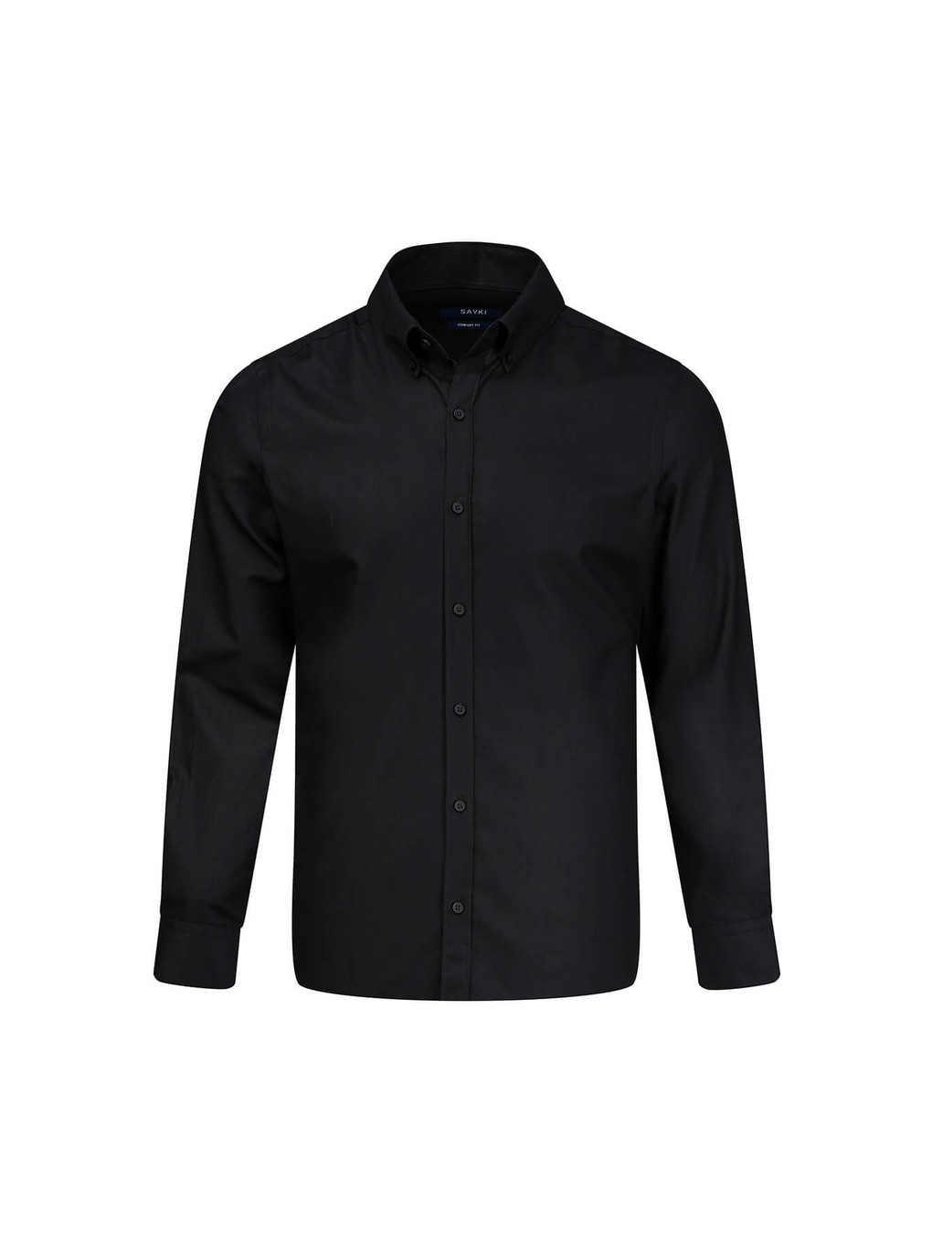 Siyah Comfort Fit Düğmeli Yaka 100% Pamuk Uzun Kollu Oxford Gömlek