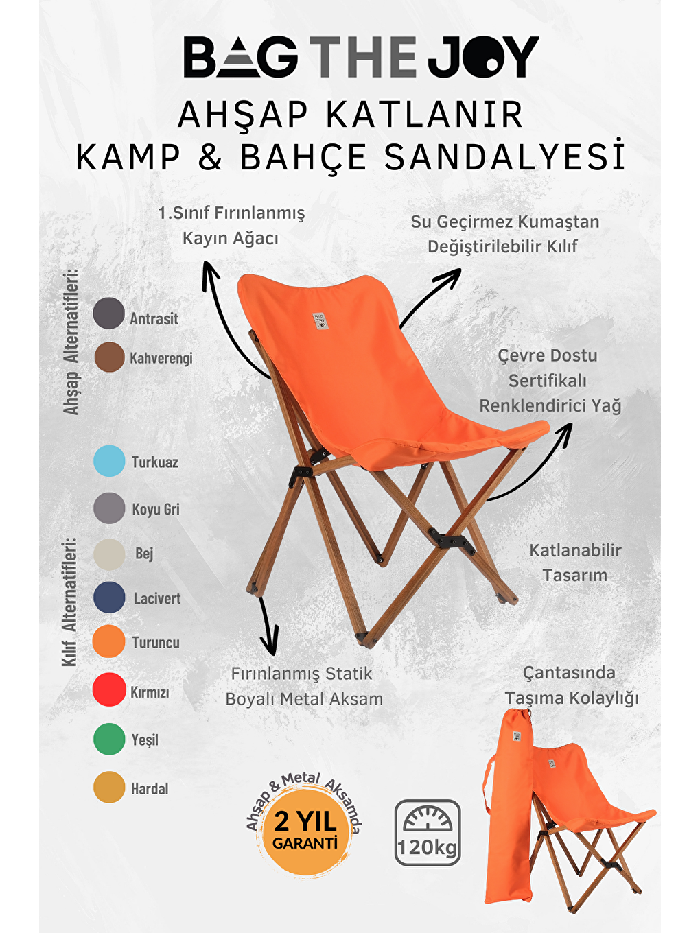 Bag The Joy Turuncu Kahverengi İskelet – Turuncu Kılıf Ahşap Katlanır Kamp & Bahçe Sandalyesi - 4