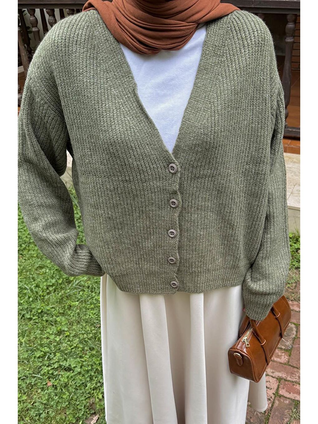 Crop V Yaka Hırka Haki-2