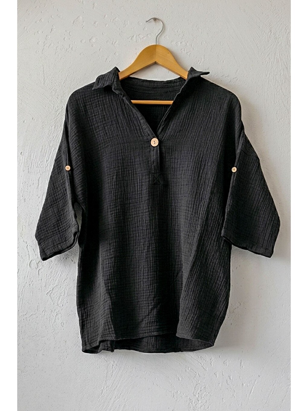 Siyah Gömlek Yaka Düğmeli 3/4 Kol Casual Müslin Oversize Dokuma Bluz 67 65-1