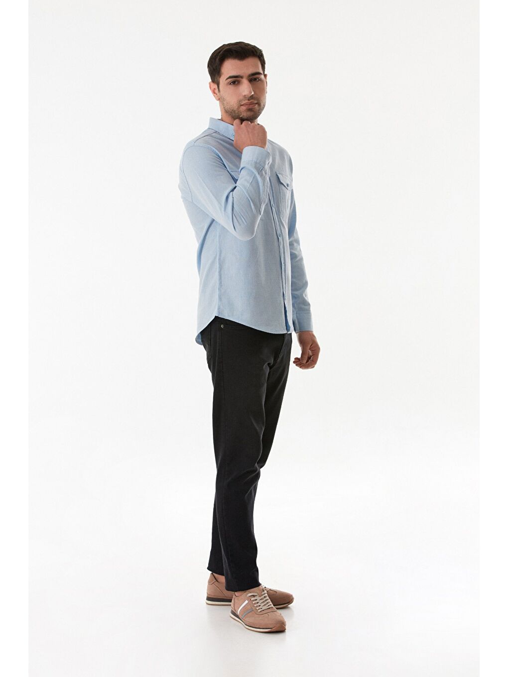 Mavi Çift Cepli Düğmeli Gömlek-3