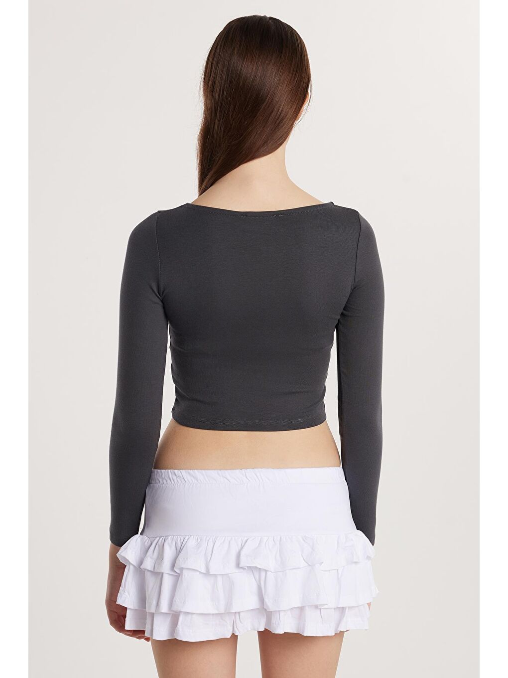 Kadın Slim Fit Dar Kesim Modal Kumaş Uzun Kollu Bisiklet Yaka Antrasit Bluz-4