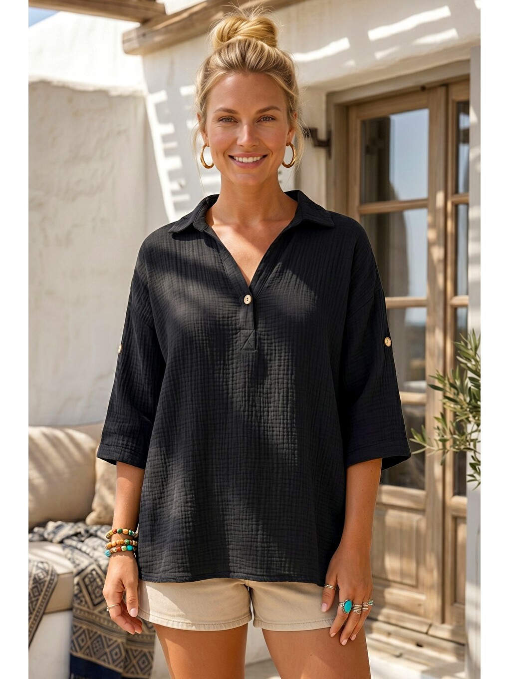 Siyah Gömlek Yaka Düğmeli 3/4 Kol Casual Müslin Oversize Dokuma Bluz 67 65-2