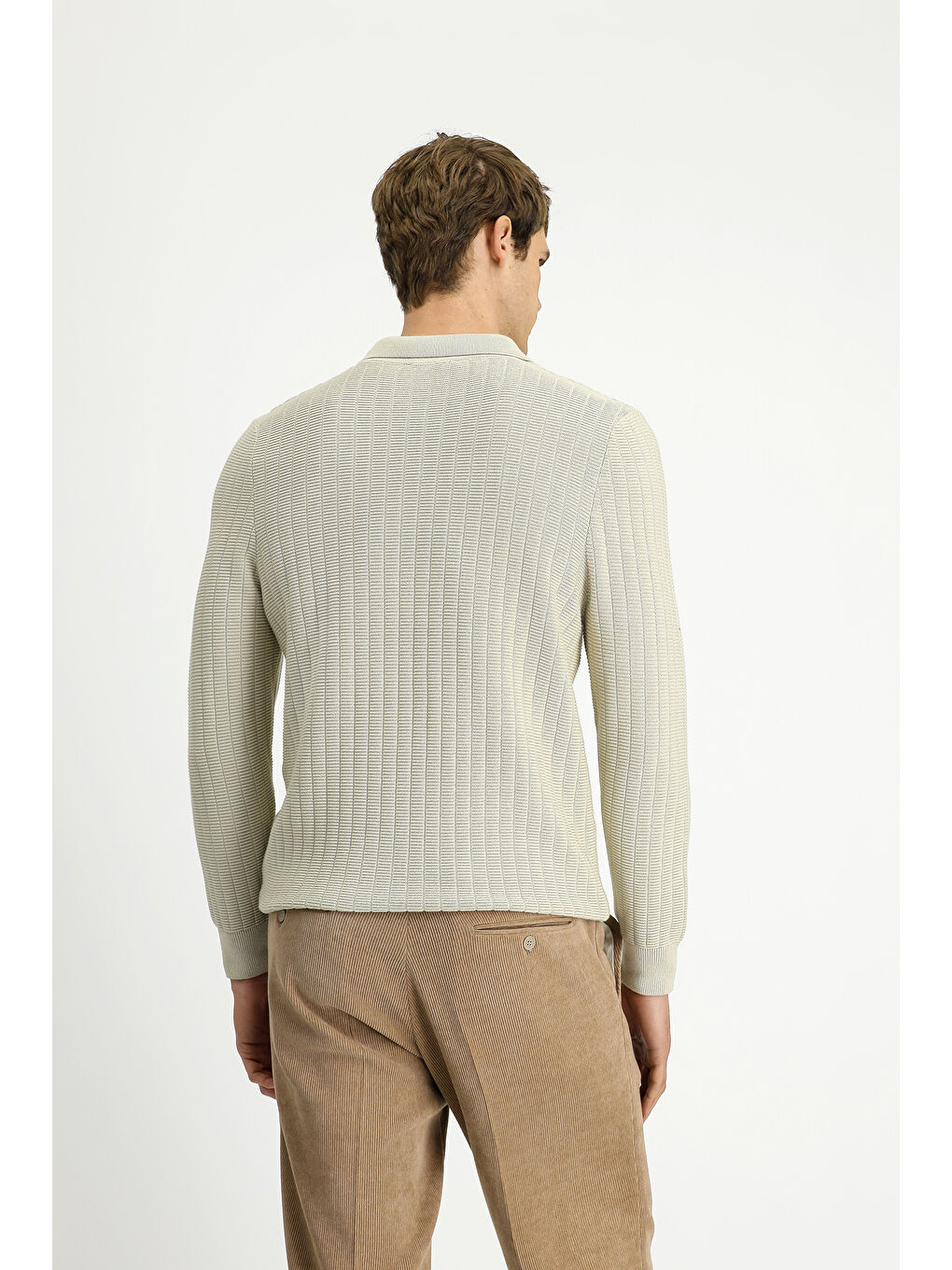 Bej Polo Yaka Regular Fit Desenli Fermuarlı Pamuklu Triko Kazak-4