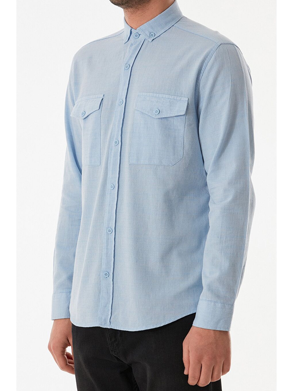 Mavi Çift Cepli Düğmeli Gömlek-4