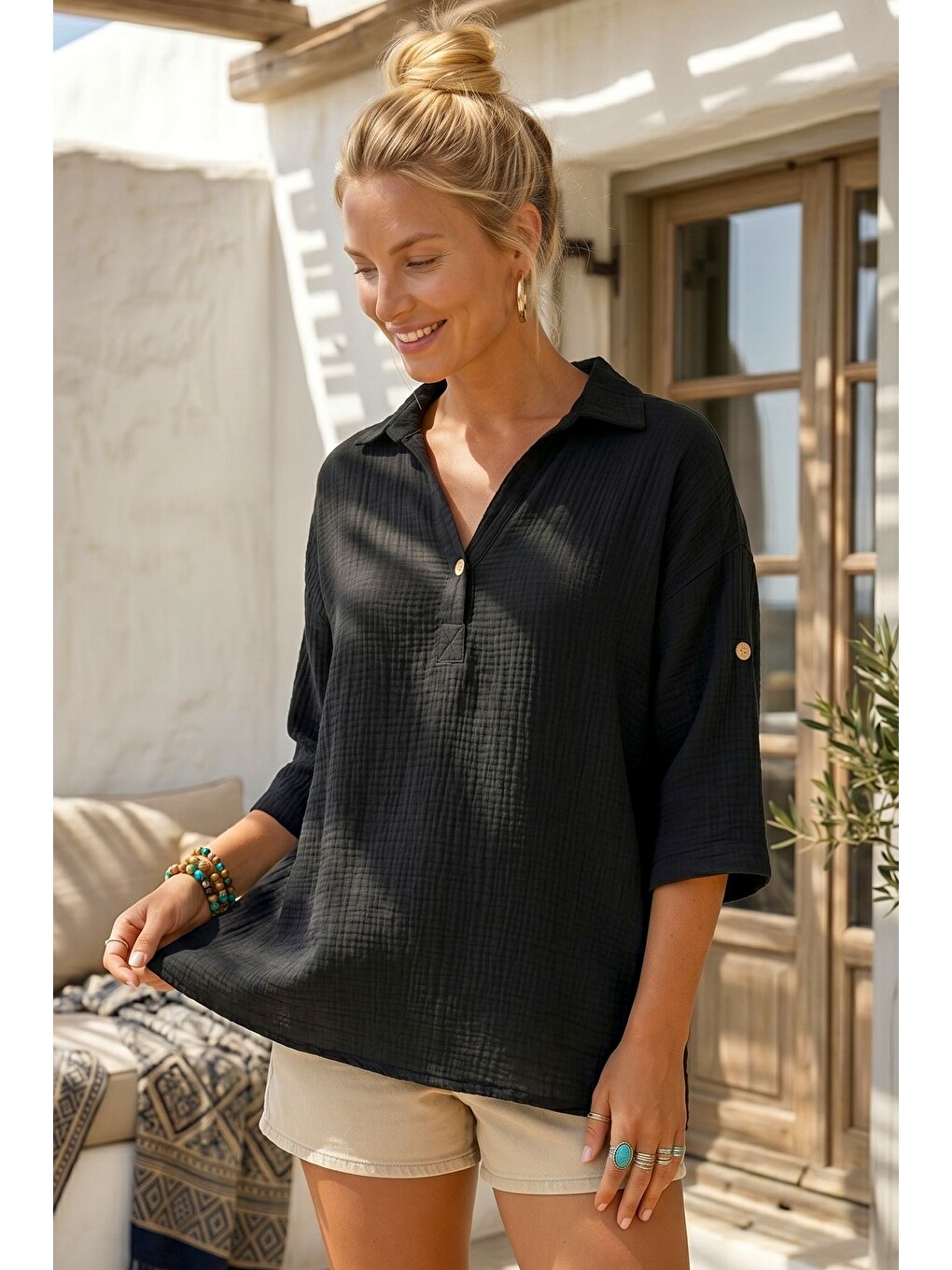 Siyah Gömlek Yaka Düğmeli 3/4 Kol Casual Müslin Oversize Dokuma Bluz 67 65-3