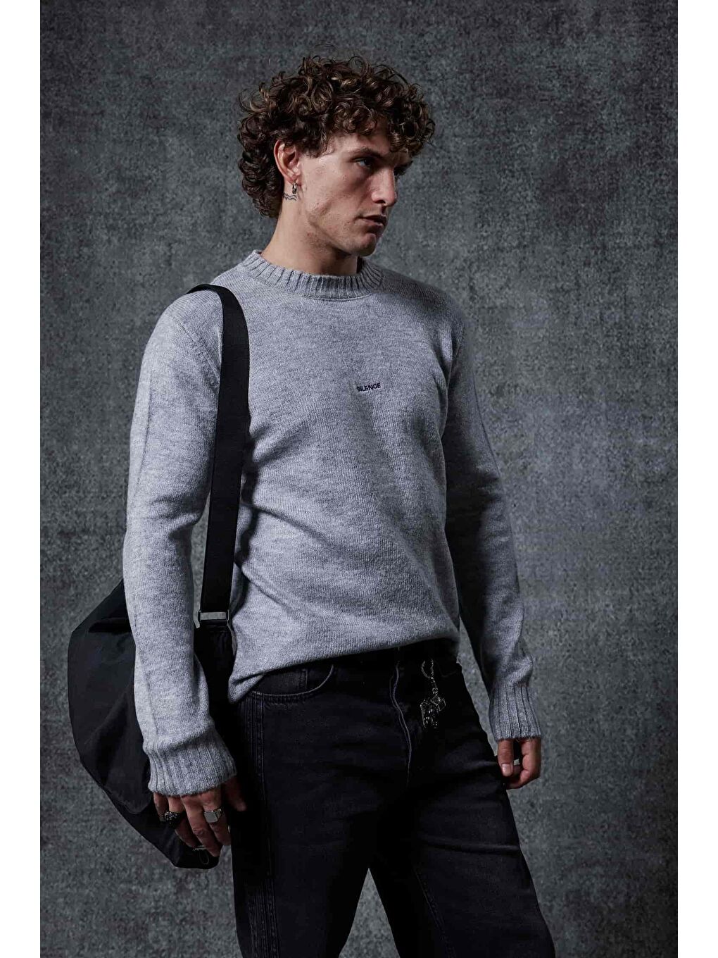 Erkek Regular Fit Bisiklet Yaka Kazak Gri-2