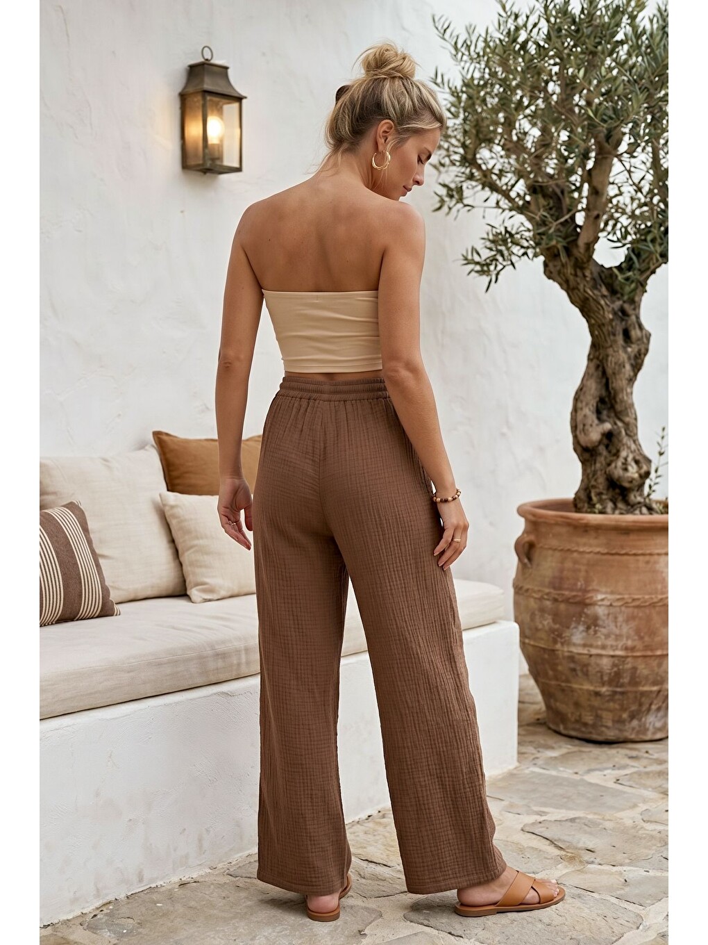 Kahverengi Açık Kahve Cepli Lastikli Ve Bağlamalı Bel Geniş Paça Casual Müslin Dokuma Pantolon 96 60-4