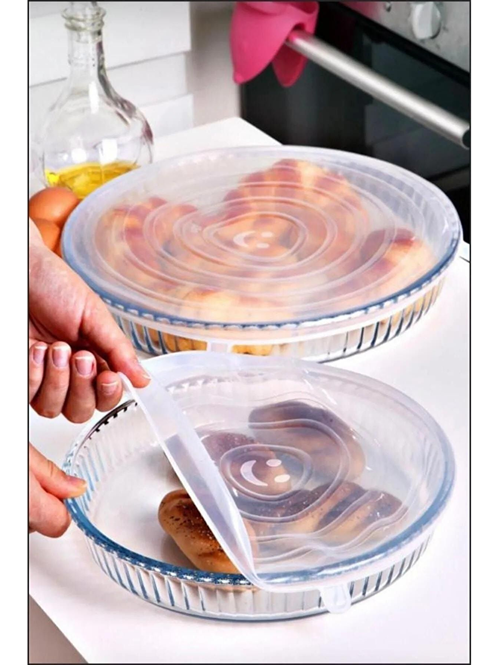 Beyaz Silikon Streç Cam Fırın Tepsi Kapağı 3'lü Seti-3