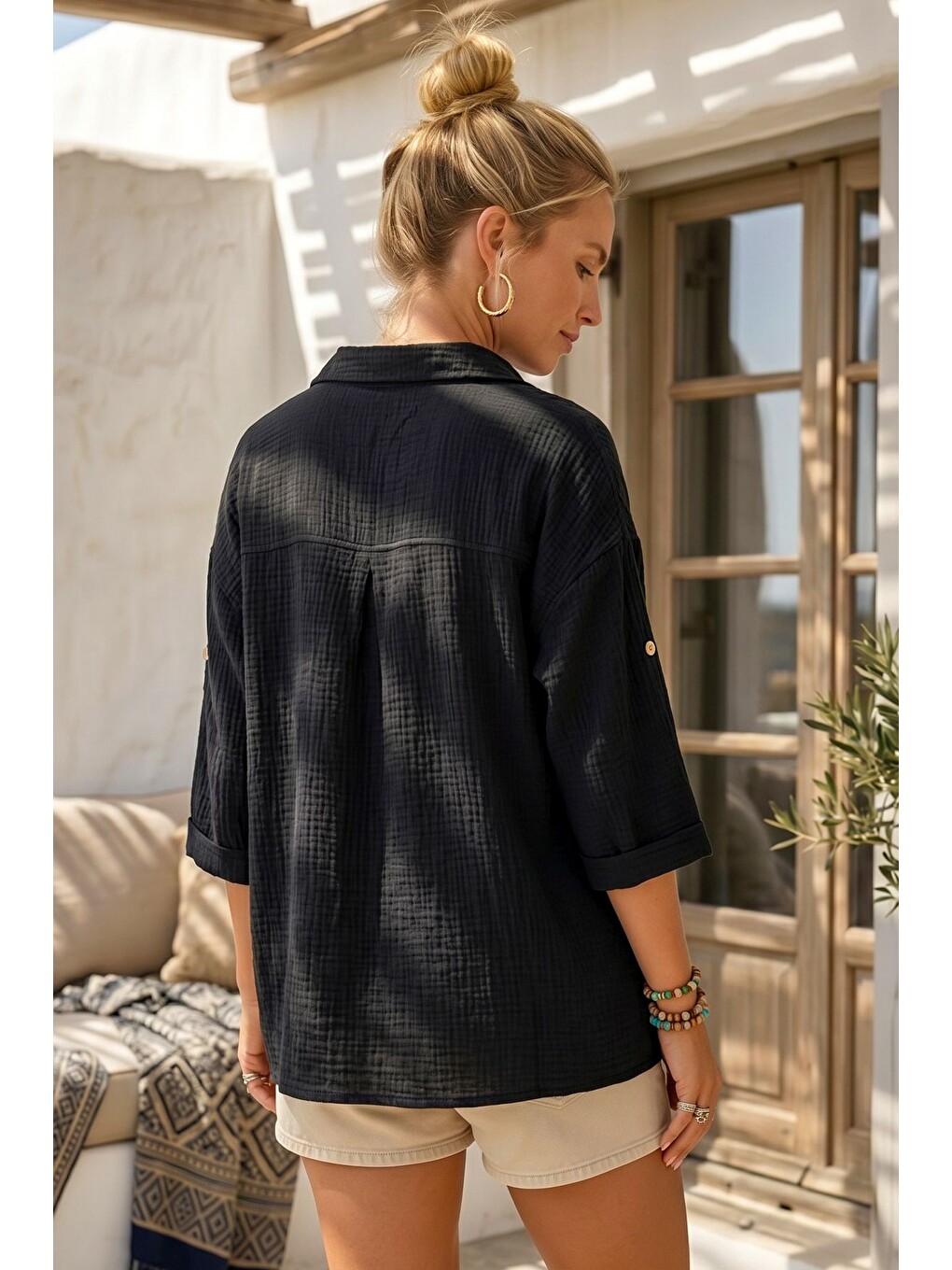 Siyah Gömlek Yaka Düğmeli 3/4 Kol Casual Müslin Oversize Dokuma Bluz 67 65-6