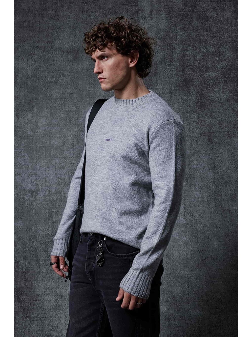 Erkek Regular Fit Bisiklet Yaka Kazak Gri-3