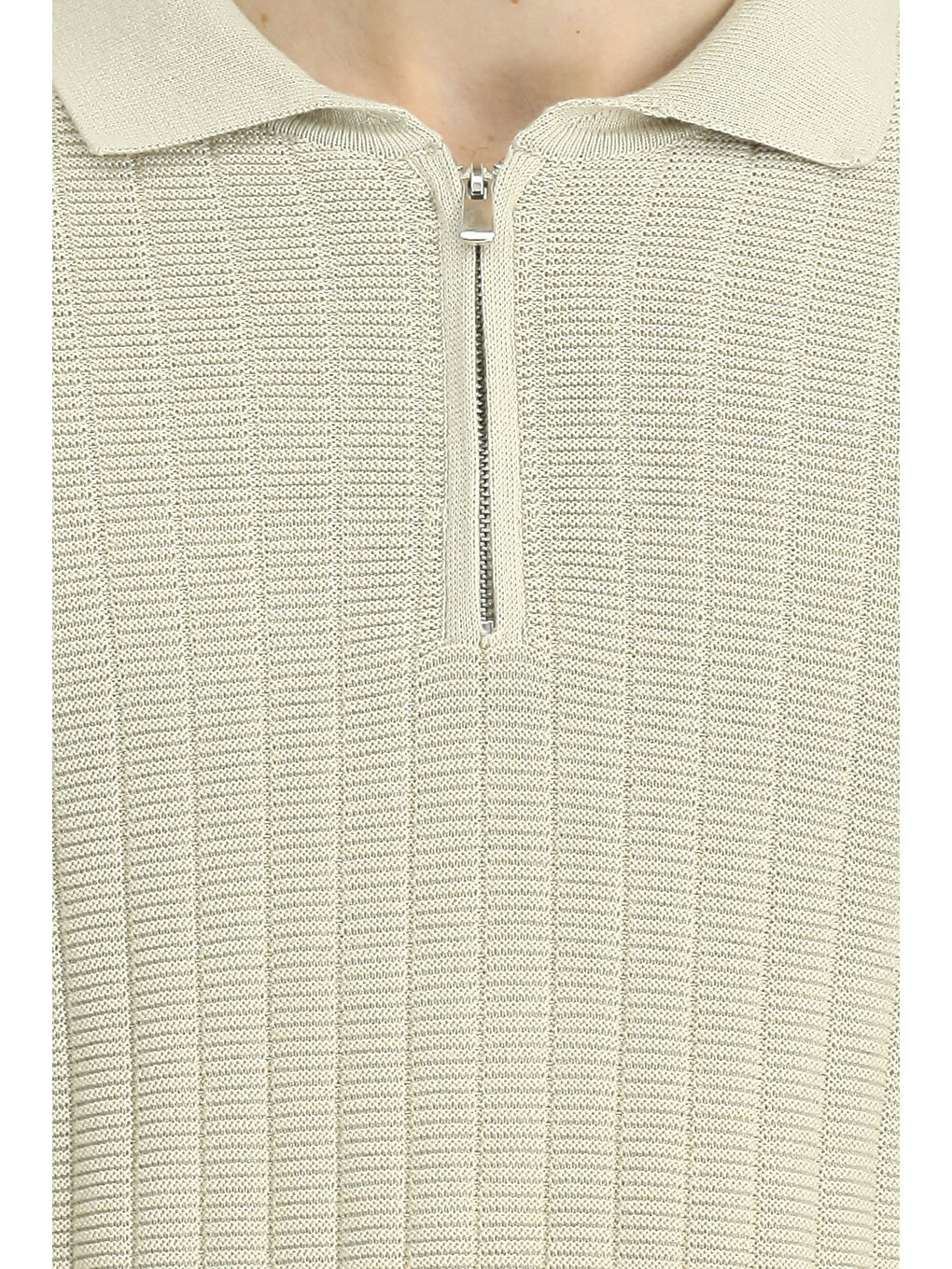 Bej Polo Yaka Regular Fit Desenli Fermuarlı Pamuklu Triko Kazak-5