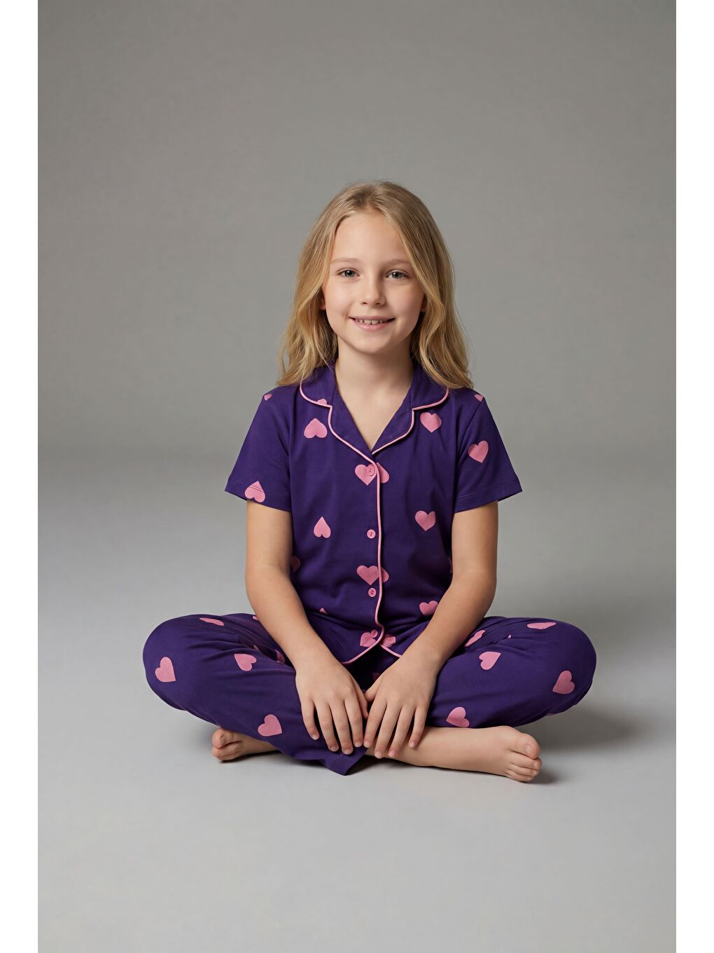 Lacivert Kız Çocuk Kısa Kollu %100 Pamuklu Düğmeli Pijama Takımı Dreamy Purple