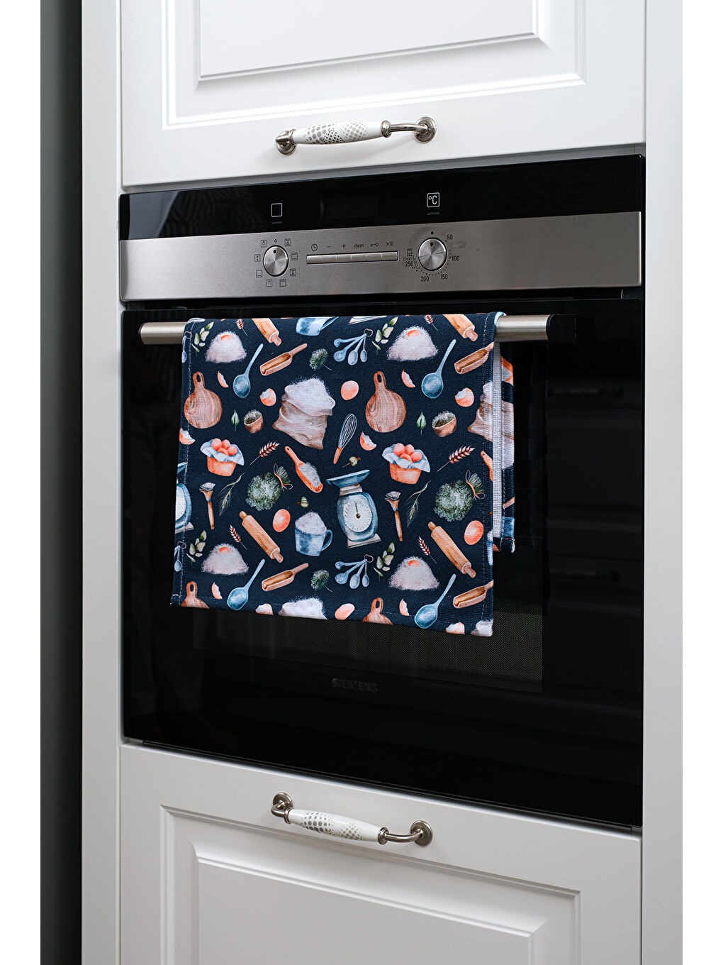 Gri Tasty Mutfak Malzemeleri Detaylı Desen Dekoratif Mutfak Fırın Kurulama Bezi Lacivert - 35x55cm