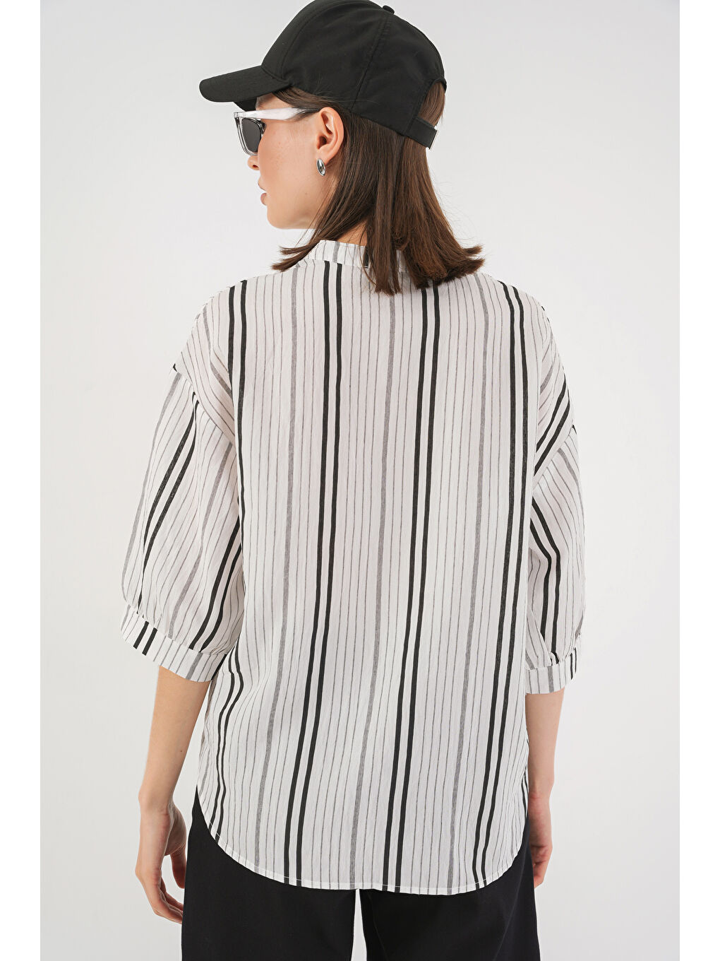 Bej Kadın Çizgili Oversize Bluz 967 - Taş-5