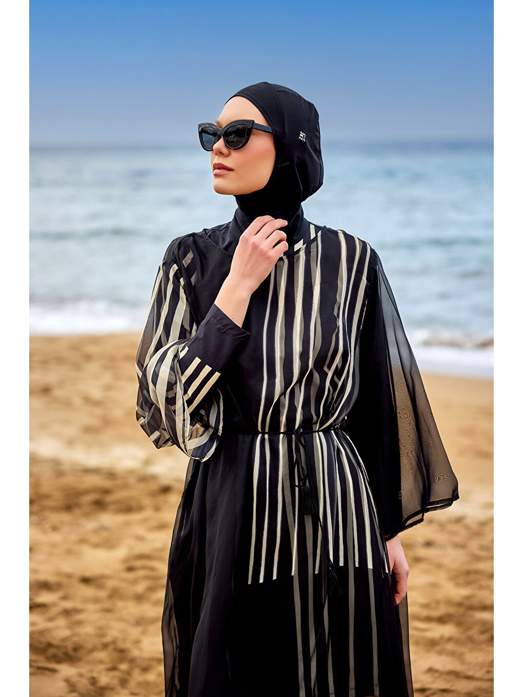 Ekru Beli Bağlamalı Desenli Plaj Elbisesi Pareo Kaftan P2511-1