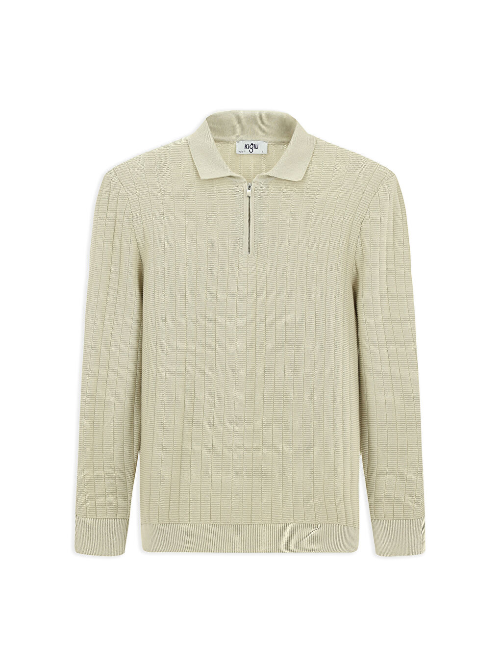 Bej Polo Yaka Regular Fit Desenli Fermuarlı Pamuklu Triko Kazak-6