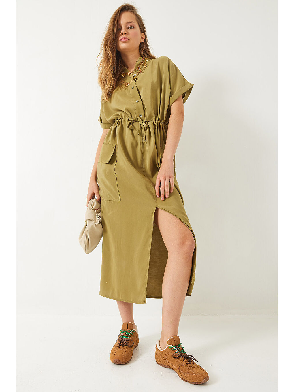 Haki Kadın Belden Bağlamalı Önden Yırtmaçlı Torba Cepli Modal Elbise-1