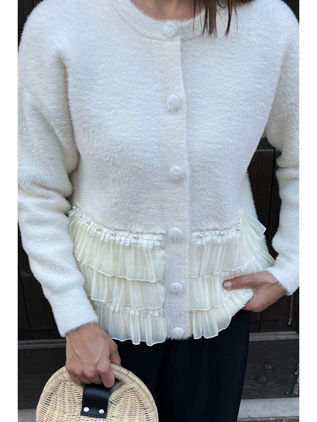 Ekru Alt Kısmı Fırfırlı Yumoş Triko Ceket (s,m,l,xl Uyumludur)-4