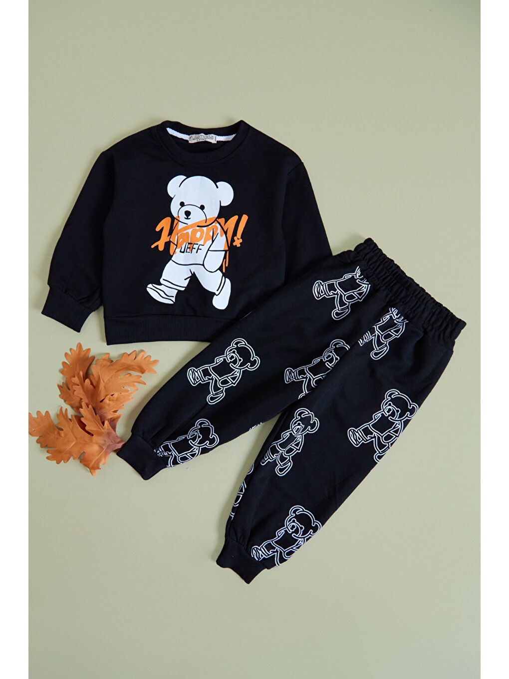 Siyah Ayıcık jeff Baskılı Erkek Çocuk Sweatshirt Takım