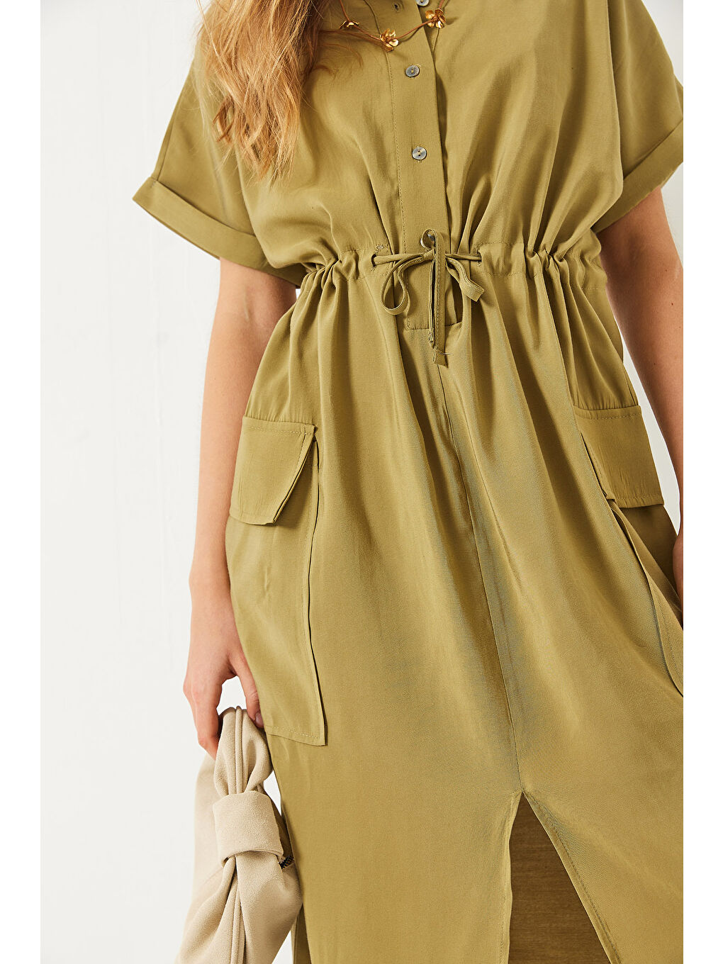 Haki Kadın Belden Bağlamalı Önden Yırtmaçlı Torba Cepli Modal Elbise-2