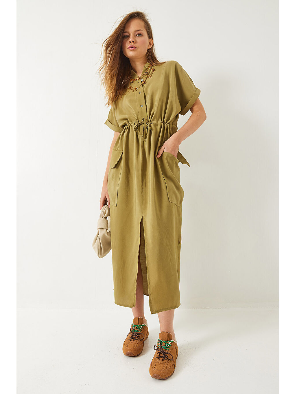 Haki Kadın Belden Bağlamalı Önden Yırtmaçlı Torba Cepli Modal Elbise-3