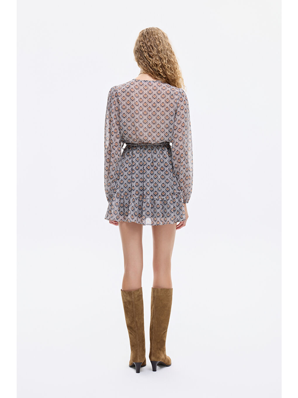 Retro Geometrik Desenli Kruvaze Yaka Mini Elbise Kahverengi-4