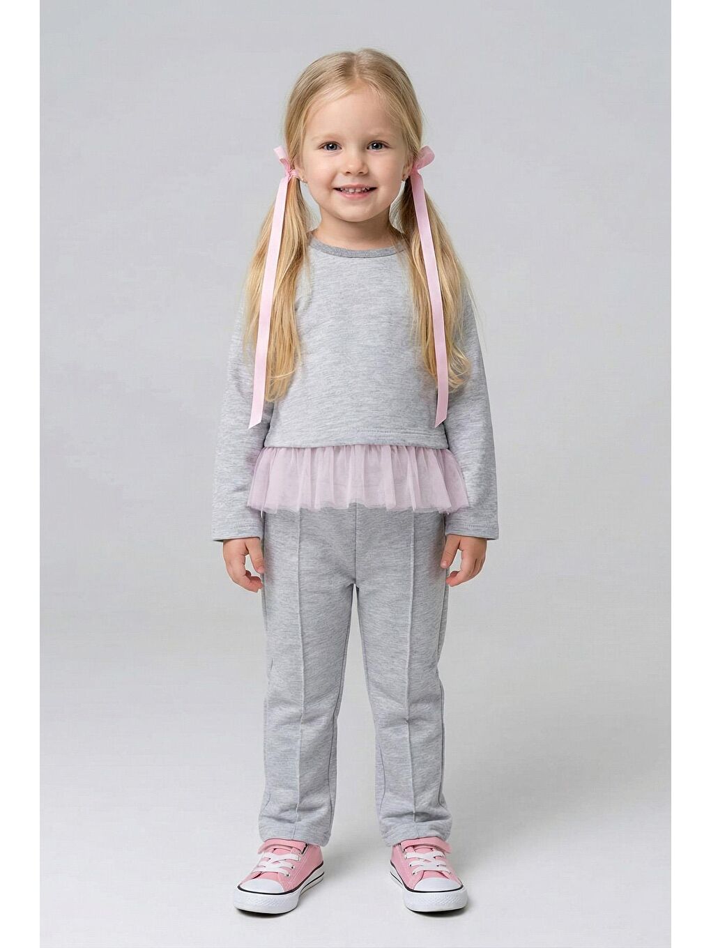 Kız Çocuk %100 Pamuklu Tül Detaylı Düğmeli Gri Alt Üst Takım