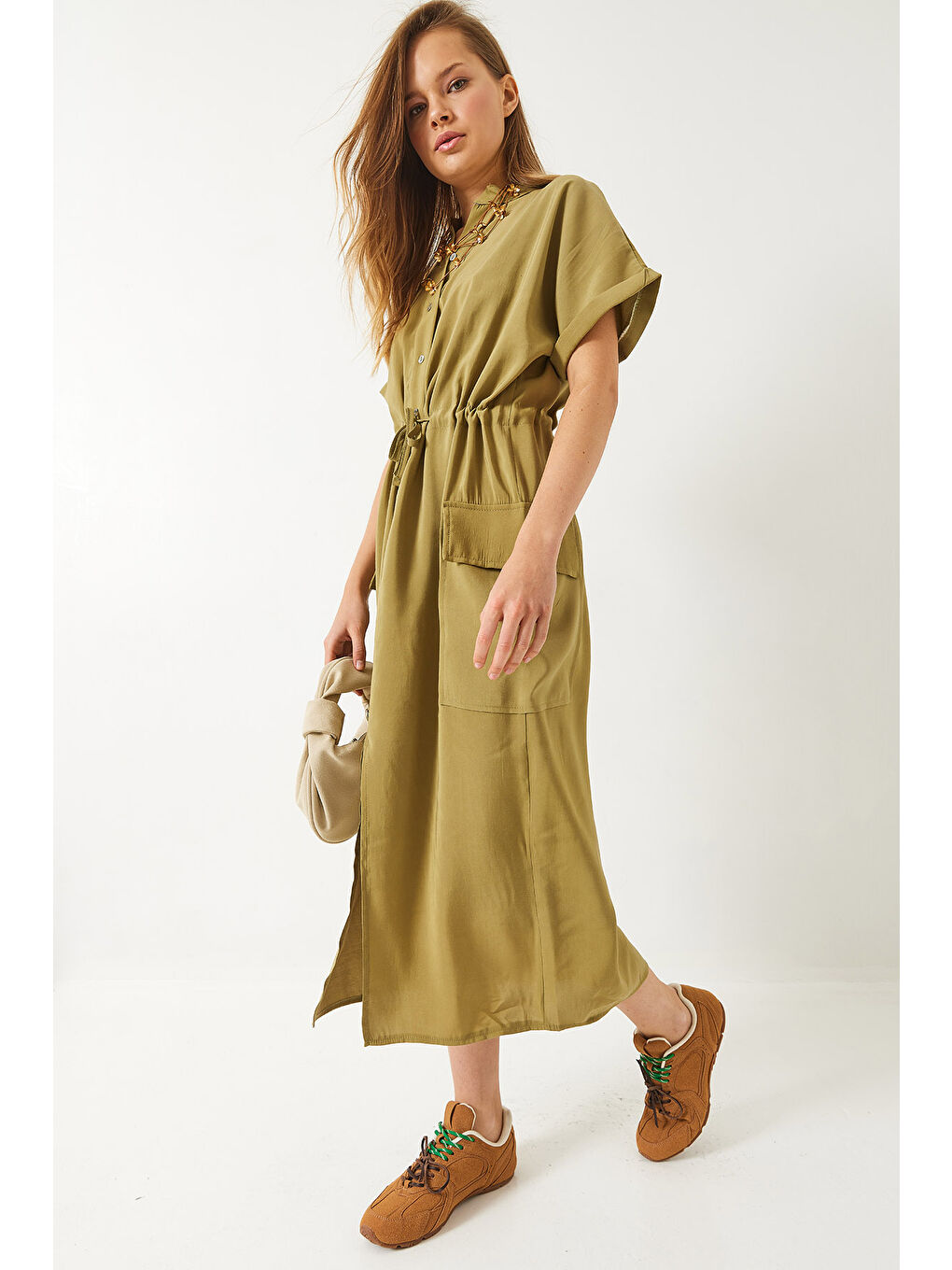 Haki Kadın Belden Bağlamalı Önden Yırtmaçlı Torba Cepli Modal Elbise-5
