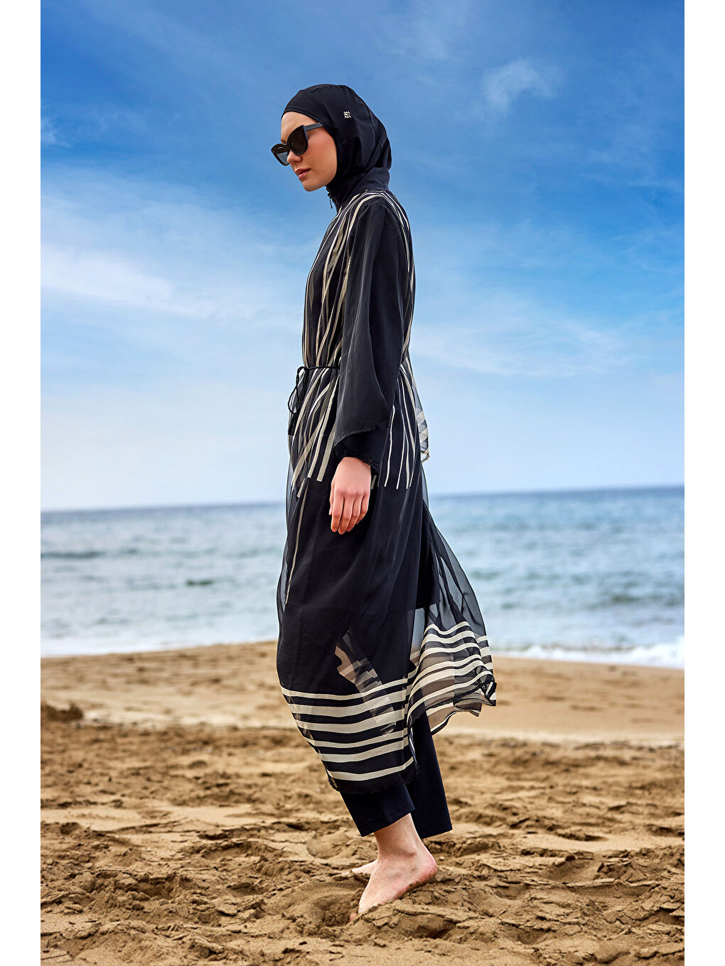 Ekru Beli Bağlamalı Desenli Plaj Elbisesi Pareo Kaftan P2511-2