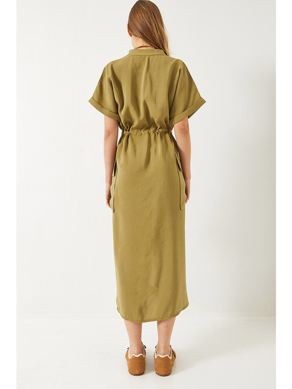 Haki Kadın Belden Bağlamalı Önden Yırtmaçlı Torba Cepli Modal Elbise-6